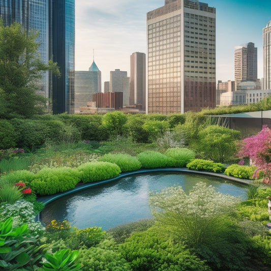 A serene rooftop garden with lush greenery, vibrant flowers, and a small pond, surrounded by sleek city skyscrapers, with people relaxation and exercising in the peaceful oasis.