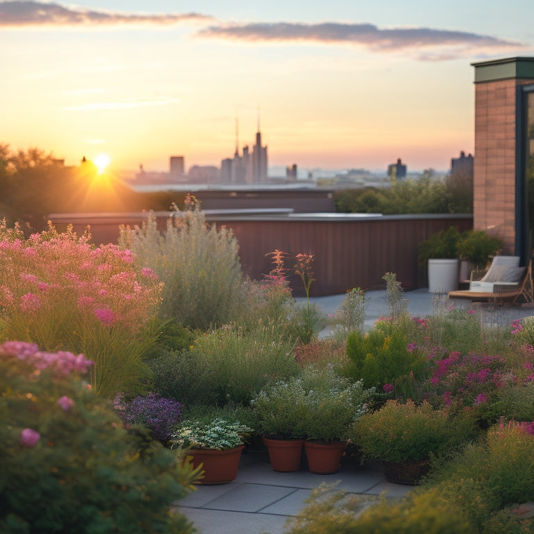 A serene rooftop garden scene at sunset, with lush greenery, vibrant flowers, and a few natural pest control elements like ladybugs, lacewings, and birdhouses amidst the thriving plants.