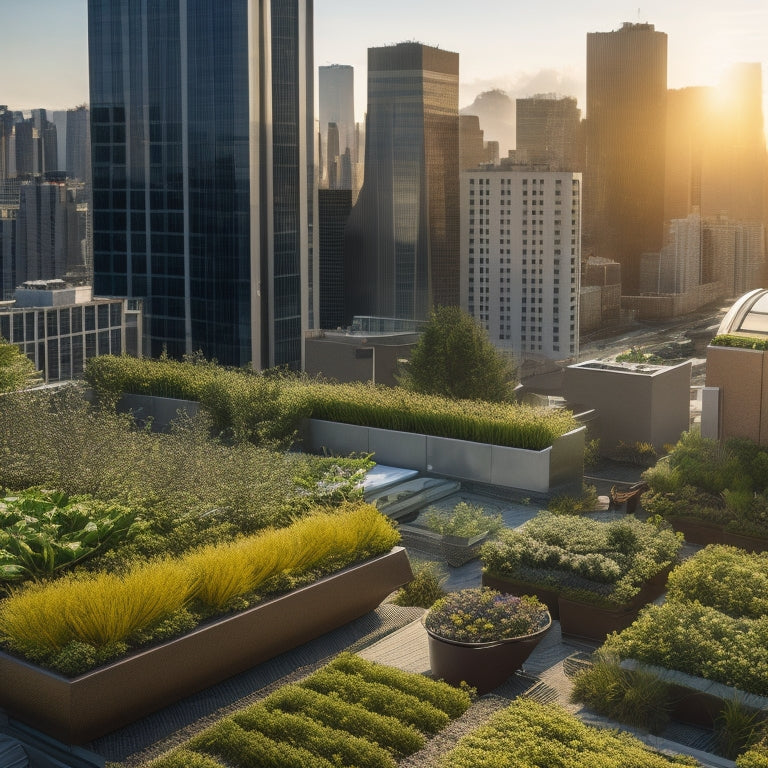 Aerial view of a thriving rooftop garden on a commercial high-rise, with lush greenery, trellises, and planters amidst sleek, modern skyscrapers and cityscape in the background.