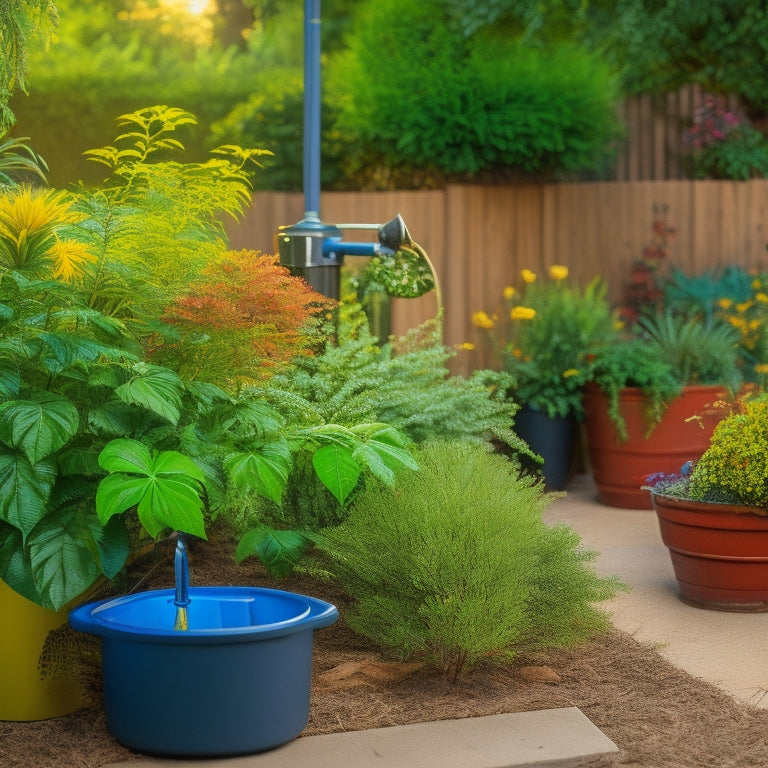 A serene backyard scene featuring a DIY planter with lush greenery, surrounded by a newly installed irrigation system with visible pipes, valves, and a watering can in the foreground.