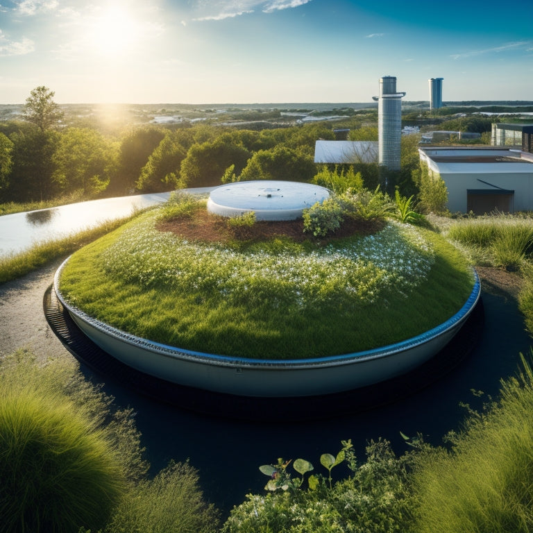 An illustration of a thriving green roof with lush vegetation, surrounded by a well-maintained drainage system, irrigation pipes, and a gardener's tools, set against a clear blue sky with a few white clouds.