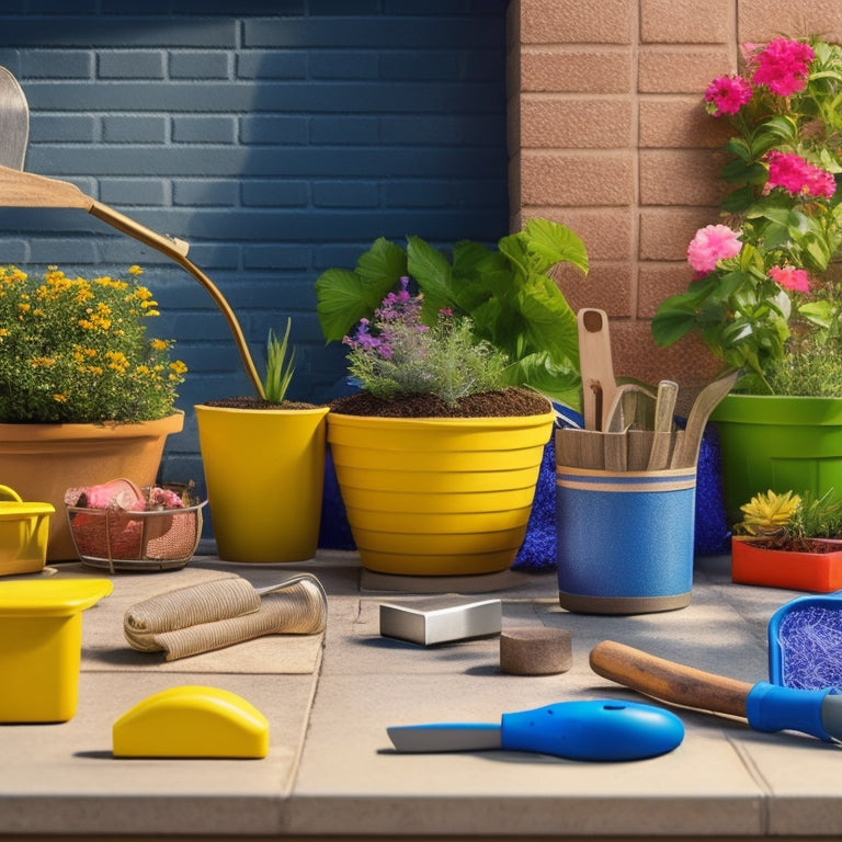 A colorful, well-organized illustration of a block planter project in progress, featuring a variety of tools and materials, including a trowel, gloves, and blocks, on a sunny patio or garden backdrop.