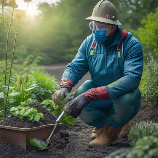 A person wearing long sleeves, gloves, safety goggles, and a dust mask, standing in front of a cinder planter with a shovel and scattered cinder debris, amidst a subtle background of plants and garden tools.