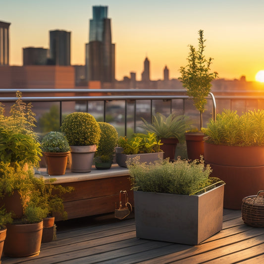 A serene rooftop garden at sunset, with a beginner-friendly setup: a small wooden planter box, a few potted herbs, and a watering can, surrounded by a low railing and a cityscape in the background.