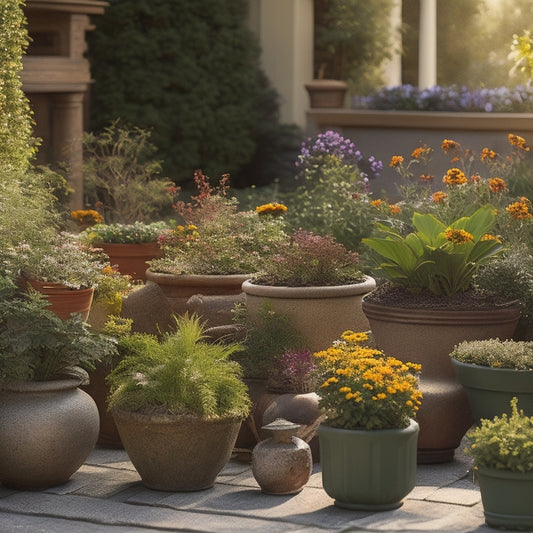 A serene, sun-drenched garden scene featuring a collection of small, unique planters in various shapes, sizes, and materials, overflowing with lush greenery and vibrant flowers.