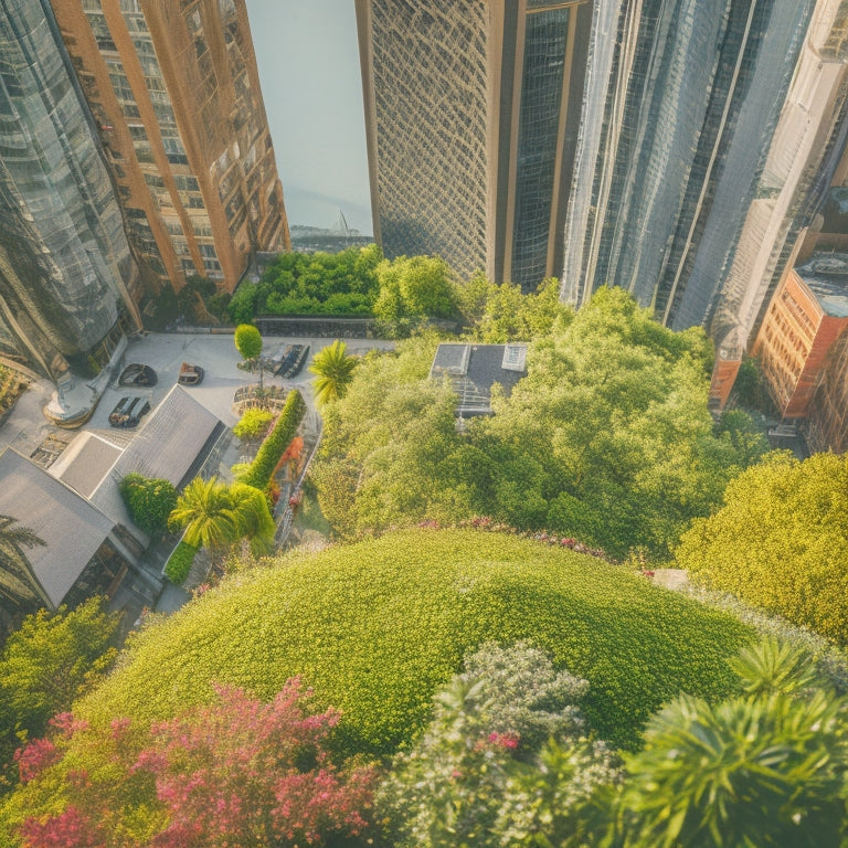 An aerial view of a vibrant, lush green rooftop in an urban setting, with diverse flora, insects, and small animals thriving amidst the cityscape, surrounded by towering skyscrapers.