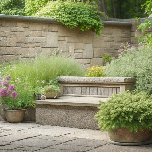 A serene garden scene with a large, weathered concrete planter in the foreground, overflowing with lush greenery and vibrant flowers, surrounded by natural stone pavers and a rustic wooden bench.