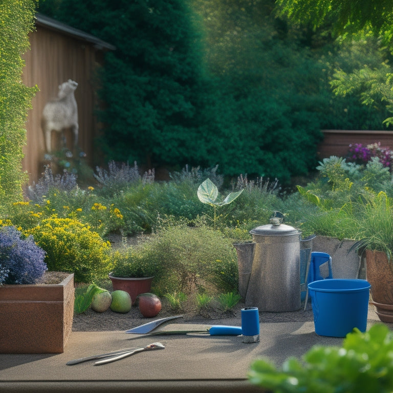 A serene garden scene with a thriving block planter in the center, surrounded by essential tools: a trowel, pruners, gloves, and a watering can, against a warm, sunny background with lush greenery.