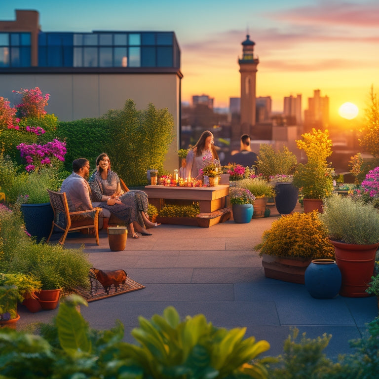 A serene rooftop garden scene at sunset, with lush greenery, vibrant flowers, and a few people relaxing on a wooden bench, surrounded by gentle lanterns and a calming cityscape in the background.