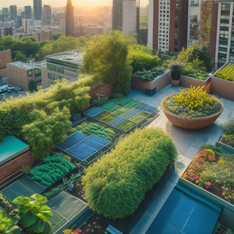 An aerial view of a lush, thriving rooftop garden with a hydroponic system, showcasing a variety of vibrant plants, trellises, and a network of tubes and pumps amidst a modern cityscape backdrop.
