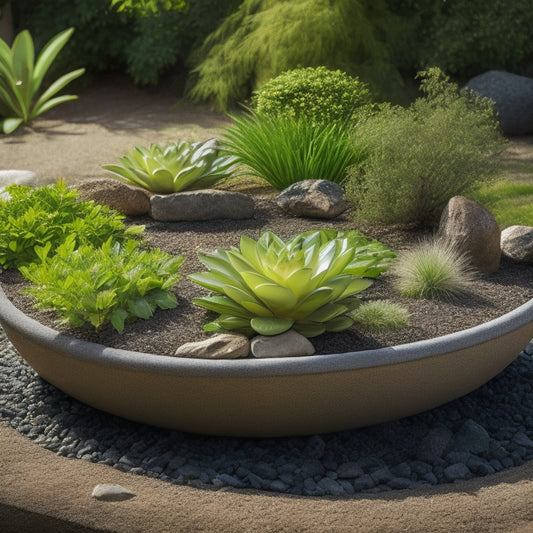 An image depicting a large planter with proper drainage, featuring a layer of small rocks or pebbles at the bottom, a mesh screen or landscape fabric in the middle, and healthy green plants on top.