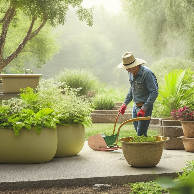 A serene outdoor setting with a person, wearing gloves and a wide-brimmed hat, carefully lifting a large concrete planter, surrounded by lush greenery and a wheelbarrow in the background.