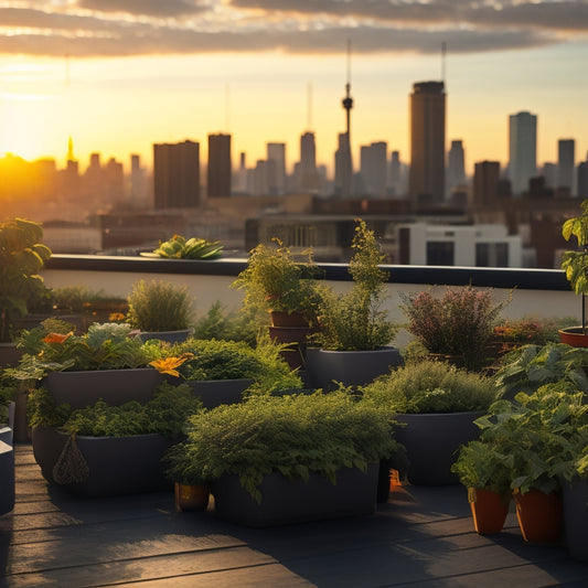 A serene rooftop scene with a thriving hydroponic garden, featuring a mix of leafy greens and vibrant flowers, surrounded by sleek, modern planters and a cityscape backdrop at sunset.
