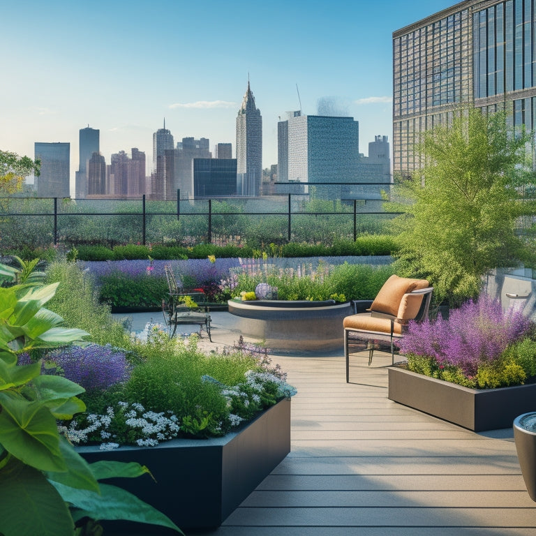 A serene rooftop garden with lush greenery, vibrant flowers, and a sleek, modern seating area, surrounded by a sturdy railing, with a cityscape in the background, showcasing a thriving oasis.