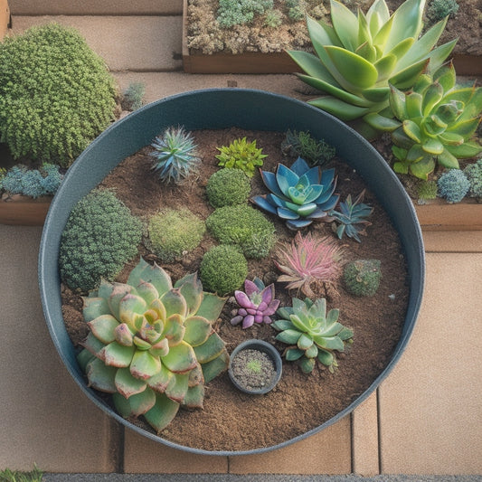 An overhead shot of a thriving succulent planter with a discreet, self-watering system visible beneath the soil, featuring a network of thin tubes and a small water reservoir.