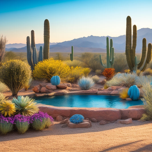 A serene desert landscape with three DIY planters, each showcasing a different irrigation system: drip irrigation, soaker hose, and ollas, surrounded by lush greenery and vibrant desert flowers.