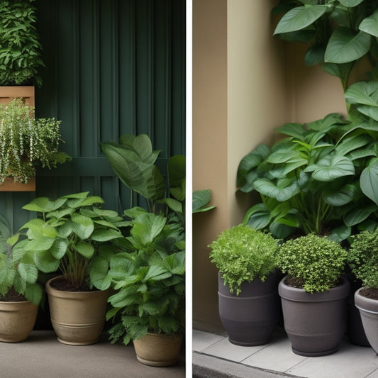 A split-screen image featuring a wall garden with small, overflowing planters on one side and sturdy, weighted planters with lush greenery on the other, against a neutral background.