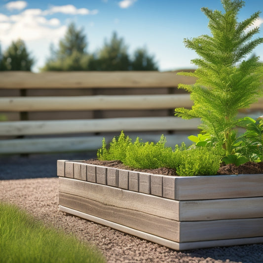 A rectangular planter box constructed from stacked concrete blocks, with freshly planted greenery spilling over the edges, set against a weathered wooden fence and a sunny, cloud-dotted sky.