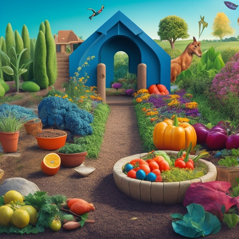 A whimsical illustration of a colorful vegetable garden, featuring a winding stone path, raised beds shaped like animals, and various kid-sized gardening tools and accessories scattered throughout.