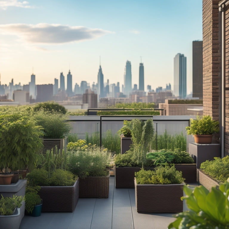 A serene rooftop garden with lush greenery, vertically stacked planters, trellises, and a retractable irrigation system, set against a cityscape backdrop with a sunny, cloudy sky.