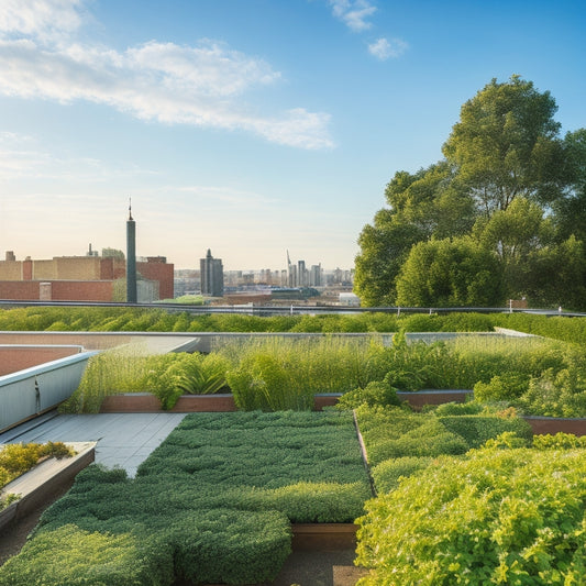 A serene rooftop garden with lush green veggies, surrounded by a network of thin, black irrigation pipes and tiny water sprinklers, set against a bright blue sky with a few white, puffy clouds.