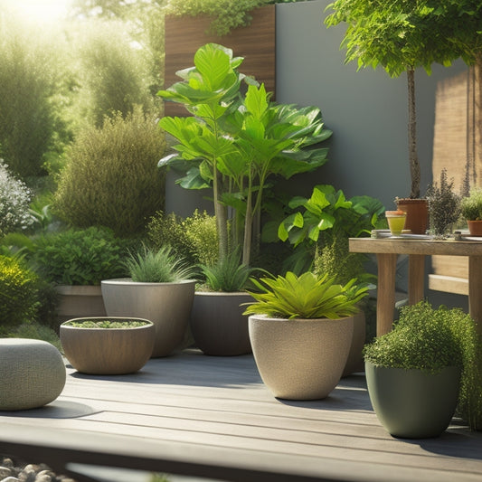 A serene, sun-drenched patio scene featuring a mix of modern, minimalist planters in various shapes and materials, surrounded by lush greenery and soft, rustic wooden accents.