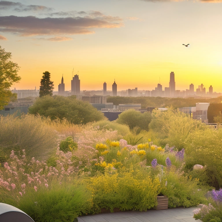 A serene cityscape at dusk with a rooftop garden in the foreground, featuring a diverse array of native flowers, shrubs, and trees, surrounded by fluttering birds and buzzing bees.
