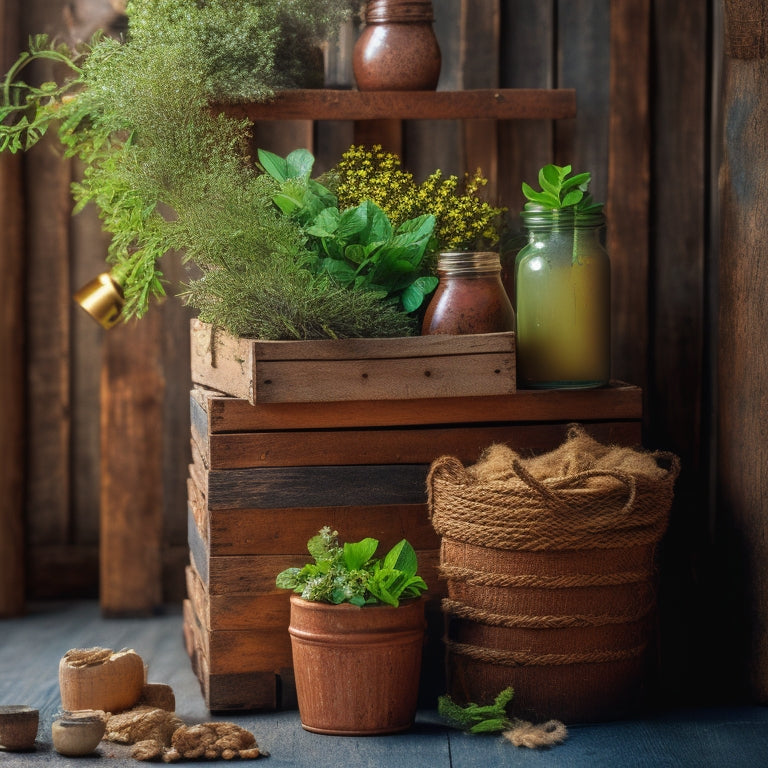 A rustic wooden crate overflowing with vibrant greenery, surrounded by scattered terra cotta pots, natural fiber rope, and recycled glass jars, against a distressed wooden backdrop with warm, golden lighting.