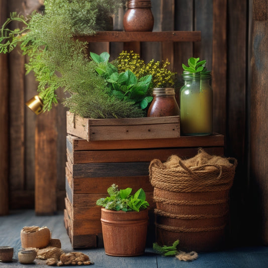 A rustic wooden crate overflowing with vibrant greenery, surrounded by scattered terra cotta pots, natural fiber rope, and recycled glass jars, against a distressed wooden backdrop with warm, golden lighting.