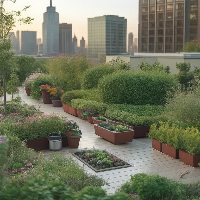 A serene rooftop garden with lush greenery, vibrant flowers, and a subtle mist, showcasing a drip irrigation system, soaker hose, and sprinklers, amidst modern urban architecture.