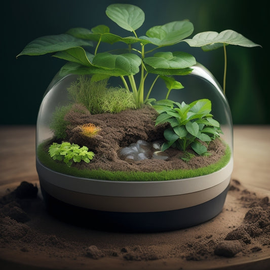 A cutaway illustration of a self-watering planter, showcasing the internal reservoir, water-wicking material, and soil compartments, with tiny water droplets and roots visible, surrounded by lush greenery.