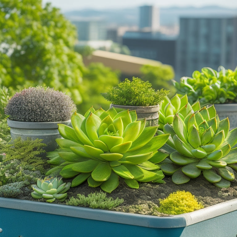 A vibrant, close-up scene of a lush urban rooftop container garden, featuring a mix of verdant succulents, flowering herbs, and leafy greens, set against a backdrop of concrete high-rises and cloudy blue skies.