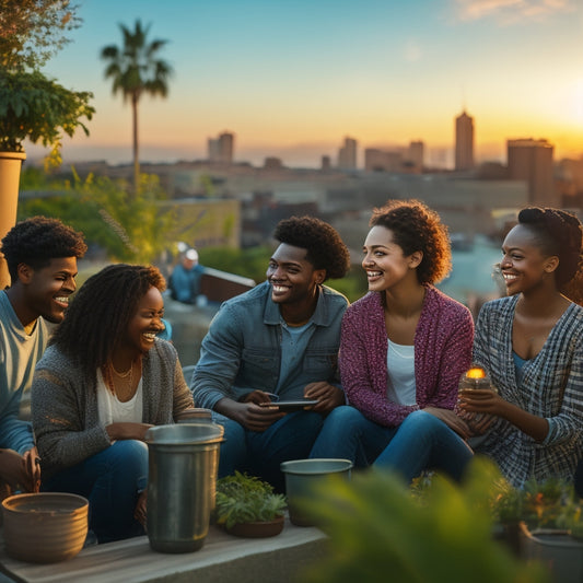 A serene rooftop scene at sunset with a group of diverse teenagers laughing, chatting, and taking selfies amidst potted plants, colorful lanterns, and a cityscape background with a few birds flying overhead.