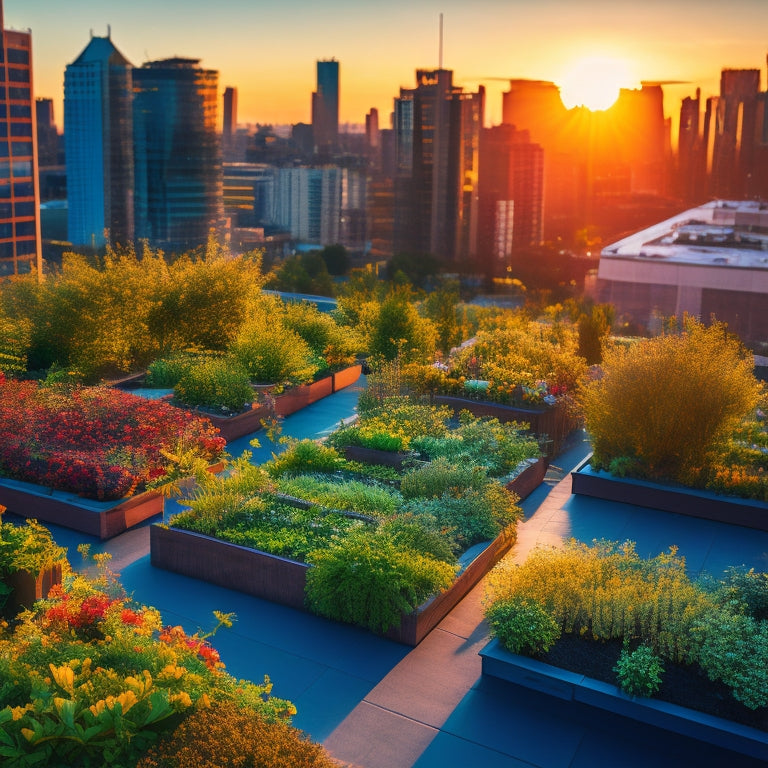 Aerial view of a thriving rooftop garden with lush green plants, vibrant flowers, and neatly arranged raised beds, surrounded by a sleek, modern cityscape with a subtle sunset glow.