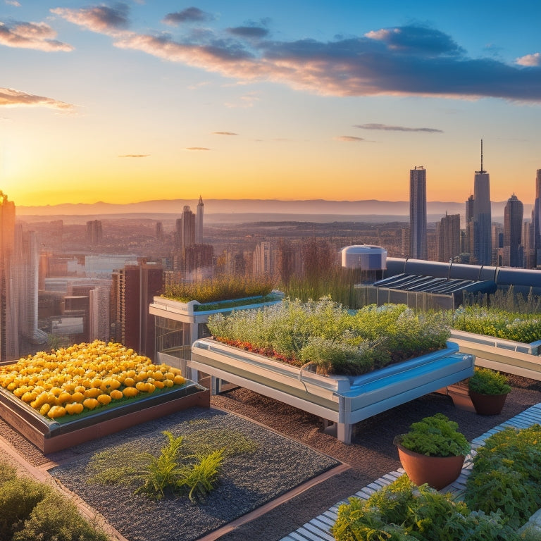 A rooftop garden with a sleek, modern, and futuristic automatic hydroponic system, featuring rows of lush green plants, LED grow lights, and a network of tubes and sensors, set against a cityscape backdrop at sunset.