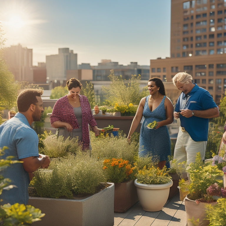A serene rooftop garden with lush greenery, vibrant flowers, and a few people of diverse ages and abilities socializing, laughing, and tending to plants together under a sunny sky.