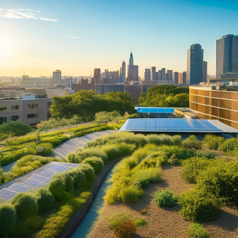 A serene, lush green rooftop garden with varied flora, solar panels, and a winding path, set against a backdrop of a bustling cityscape with clear blue skies and a few puffy white clouds.