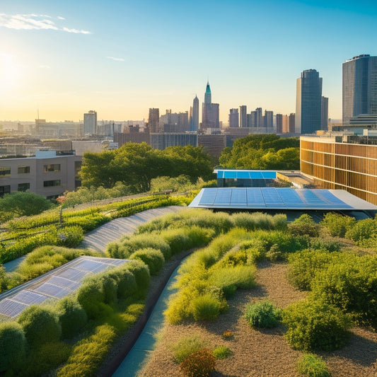 A serene, lush green rooftop garden with varied flora, solar panels, and a winding path, set against a backdrop of a bustling cityscape with clear blue skies and a few puffy white clouds.