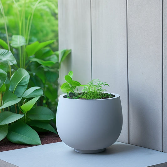 A modern, minimalist concrete planter with a subtle, textured finish, featuring a built-in water reservoir at the bottom and a slender, curved lip at the top, surrounded by lush greenery.