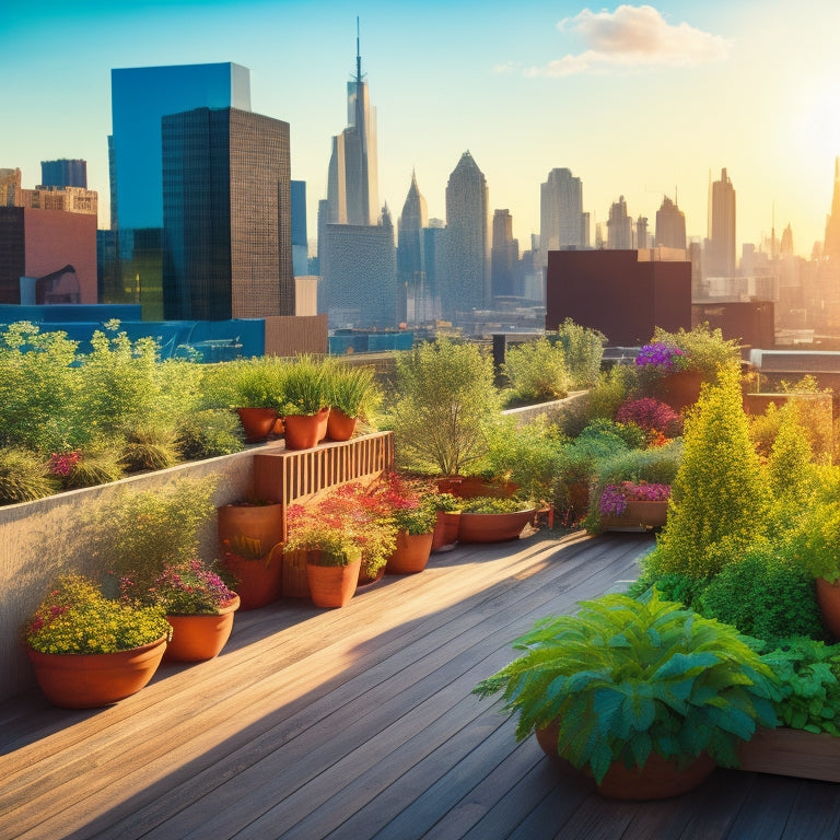 A serene rooftop garden scene with three wooden raised beds, overflowing with lush greenery and vibrant flowers, amidst a backdrop of city skyscrapers and a clear blue sky.