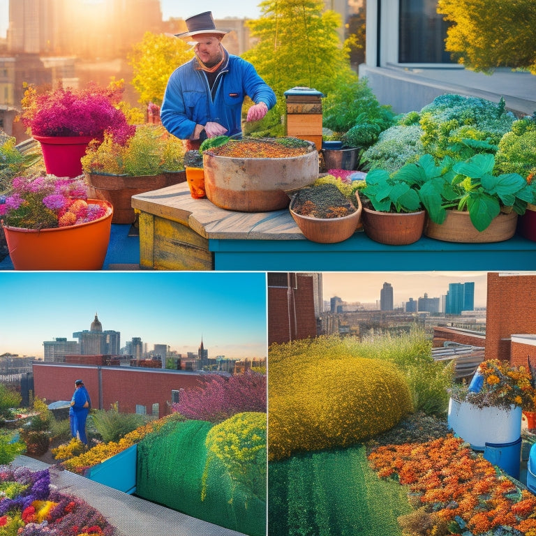 A vibrant, sunny urban rooftop garden with lush greenery, colorful flowers, and a variety of fruits and vegetables, featuring a beekeeper tending to a beehive, a farmer harvesting crops, and a chef preparing a meal.