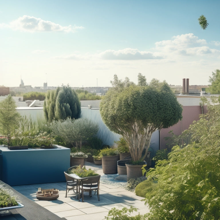 A serene rooftop garden scene with a few fruit trees, one undergoing pruning with gardening shears and a ladder, amidst lush greenery and a sunny blue sky with fluffy white clouds.