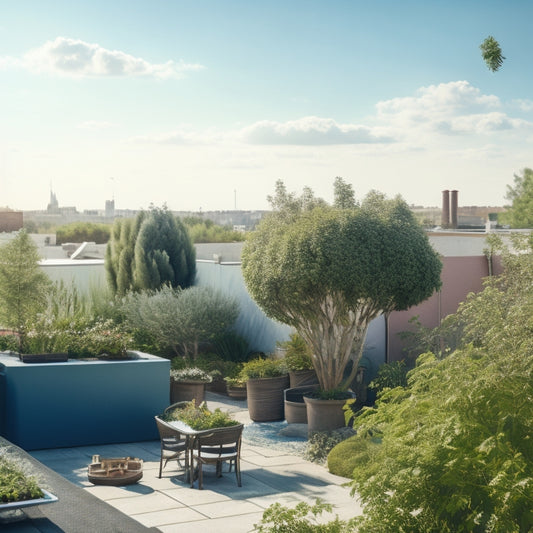 A serene rooftop garden scene with a few fruit trees, one undergoing pruning with gardening shears and a ladder, amidst lush greenery and a sunny blue sky with fluffy white clouds.