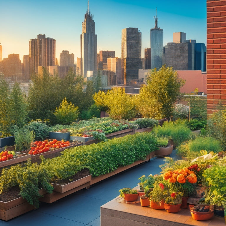 A lush, vibrant rooftop garden with a mix of raised beds, trellises, and planters, overflowing with diverse vegetables, herbs, and flowers, amidst a backdrop of urban skyscrapers.