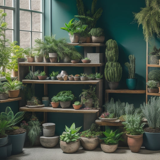 A whimsical, well-lit indoor space with a mix of painted and unpainted cinder block planters, overflowing with lush greenery, succulents, and vibrant flowers, arranged artfully on shelves and pedestals.