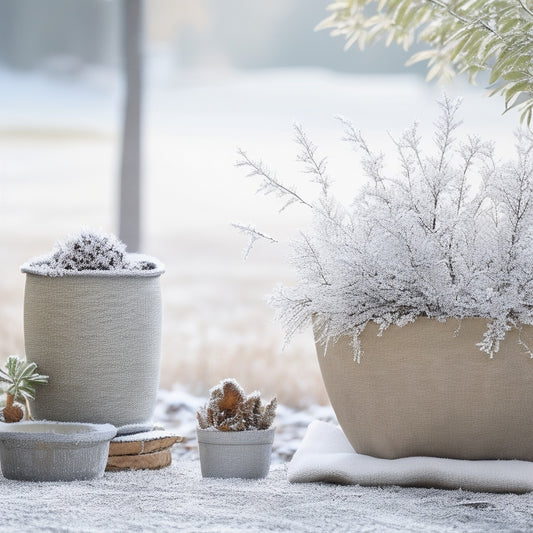 An image depicting a frosty winter morning, with a few outdoor planters in the foreground, wrapped in burlap or frost cloth, surrounded by fallen leaves and bare tree branches.