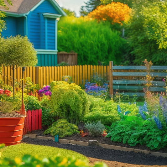 A vibrant, sunny city backyard with a small, raised wooden garden bed overflowing with lush green vegetables and colorful flowers, surrounded by a white picket fence and a few rusty gardening tools.