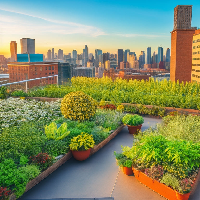 A rooftop garden with a thriving mix of greenery, flowers, and herbs, showcasing three different irrigation systems: drip irrigation, sprinkler system, and soaker hose, amidst a modern cityscape background.
