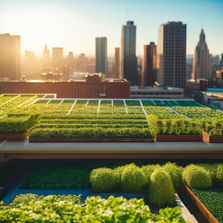 An overhead view of a rooftop garden with rows of vertically stacked hydroponic planters, filled with lush green leafy vegetables, amidst a cityscape backdrop with a sunny sky.