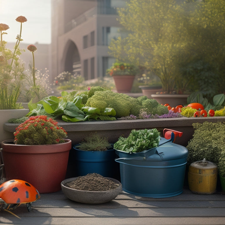 A serene rooftop garden scene with lush green vegetables and vibrant flowers, featuring a small, rusty watering can and a bag of organic fertilizer in the corner, surrounded by a few harmless ladybugs.